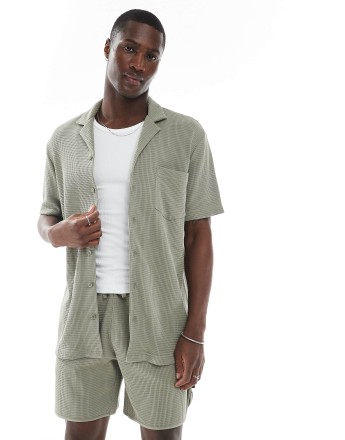 Emporio Armani Bodywear logo lounge waffle shirt in khaki green CO-ORD