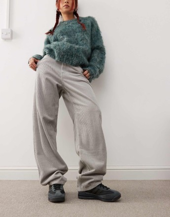 Dr Denim Faye Worker baggy fit mid waist wide leg with workwear detail in light grey cord