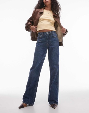 Topshop mid rise wide leg jean in mid blue