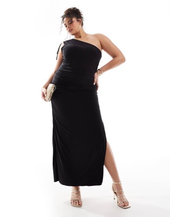 Kaiia Plus exclusive double layered slinky ruched one shoulder maxi dress in black