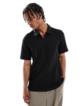 Jack & Jones textured zip polo in black