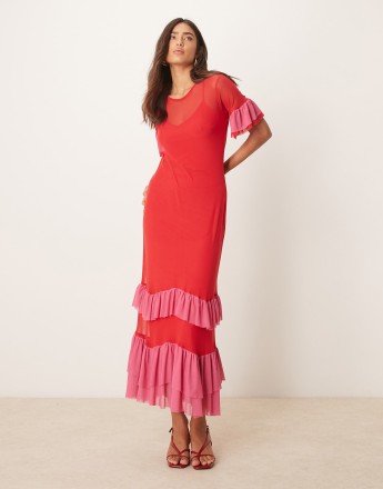 Never Fully Dressed mesh ruffle maxi dress in red and pink