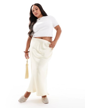 New Look Curve satin bias midi skirt in yellow