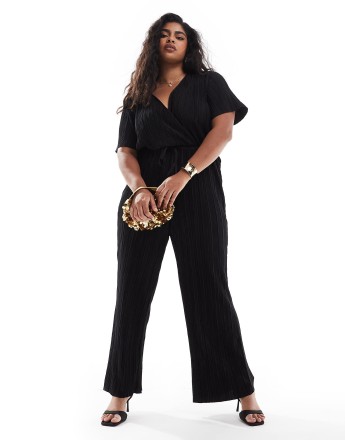 Vero Moda Curve plisse wrap front jumpsuit in black