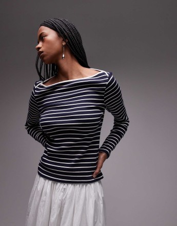 Mango striped boat neck long sleeve t-shirt in navy