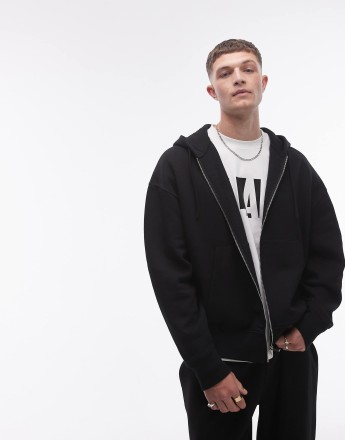 Topman oversized fit full zip hoodie in black
