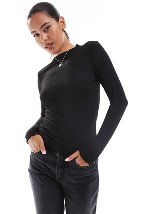 ONLY lettuce edge high neck ribbed top in black