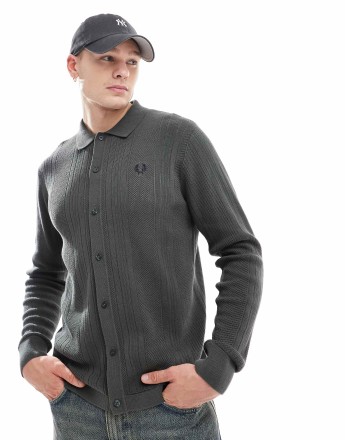 Fred Perry pointelle panel long sleeve knitted shirt in dark green