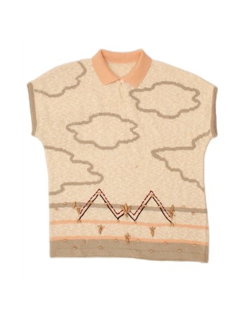Vintage Short Sleeve Polo Neck Jumper Sweater UK 16 Large In Beige