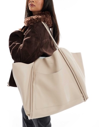 PASQ oversized slouch tote bag with removable pouch in taupe