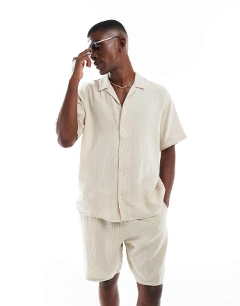 Jack & Jones texture revere collar shirt and short set in cream