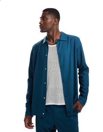 ONLY & SONS plisse overshirt co-ord in dark teal
