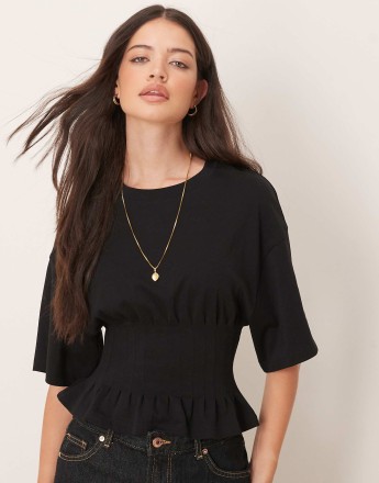 Gina Tricot short sleeve corset pleated t-shirt in black