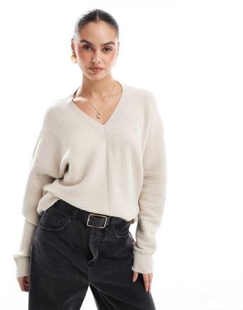 French Connection v neck jumper with stitch detail in oatmeal