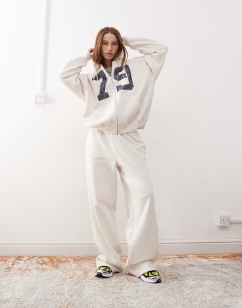 Pacsun zip through logo hoodie co-ord in cream marl