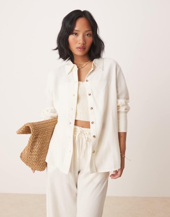 JDY Petite relaxed linen shirt co-ord in white