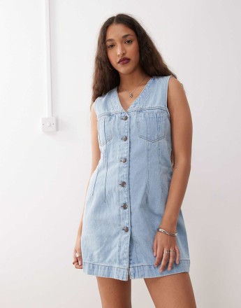 Noisy May denim waistcoat mini dress in light blue wash