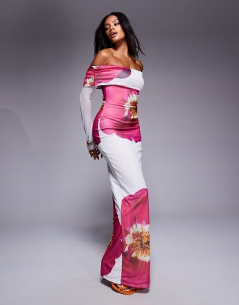 Kaiia exclusive double layered slinky deep bardot bodycon maxi dress in white and pink flower print