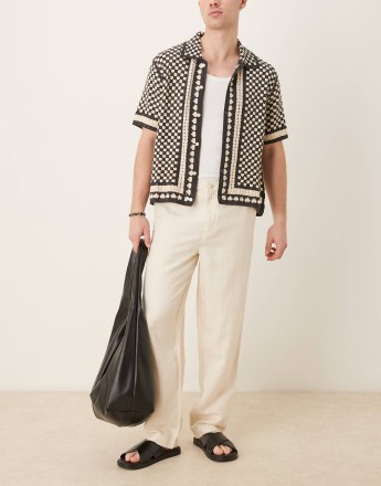 Mango straight leg linen mix trouser with elasticated waist in beige