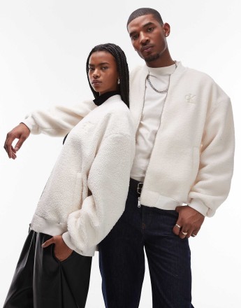 Calvin Klein Jeans unisex sherpa bomber jacket in off white - ASOS Exclusive