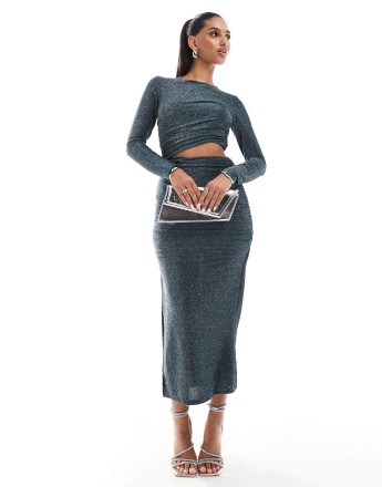 AX Paris ruched long sleeve cut out detail bodycon midi dress in emerald