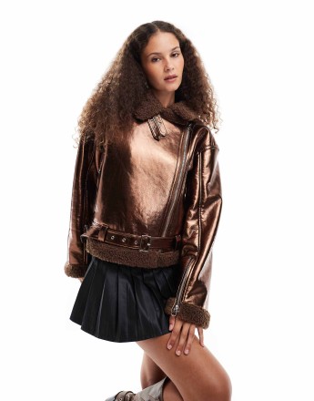 Amy Lynn aviator jacket in metallic coffee brown