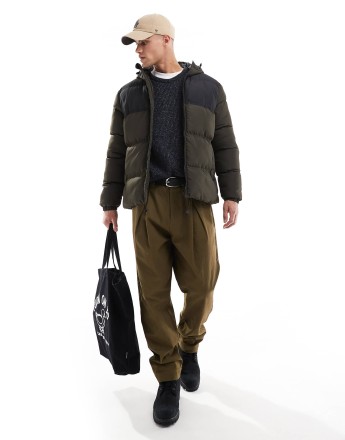 French Connection hooded puffer jacket in black and khaki