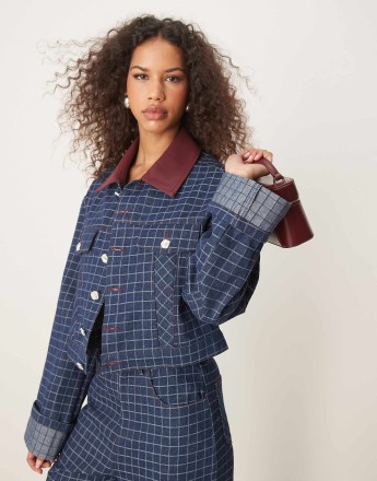 Ghospell contrast PU collar denim jacket co-ord in blue check