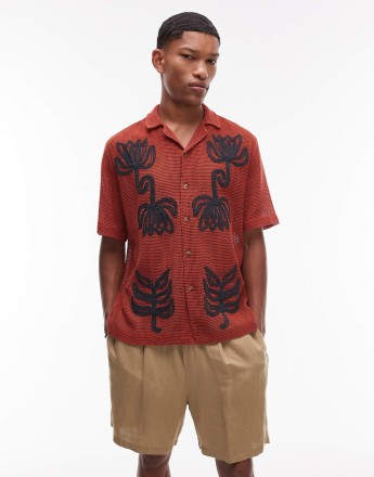 Topman short sleeve crochet roped floral shirt in rust
