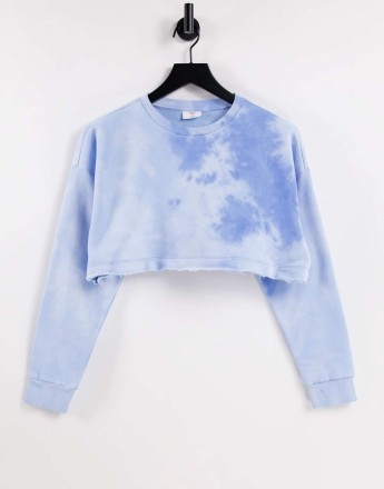 Chelsea Peers cotton tie dye cropped sweat with raw edge detail in blue - MBLUE