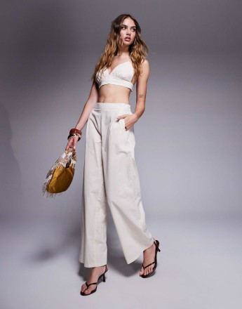 Missyempire linen look elasticated waist wide leg trousers co-ord in cream
