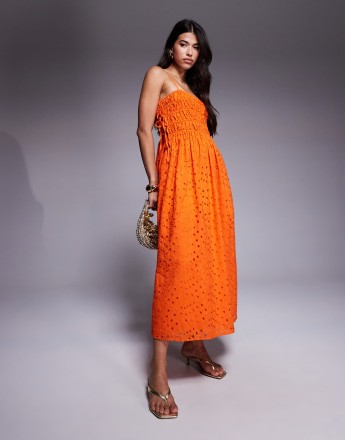 River Island broderie baby doll maxi dress in orange