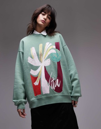 Topshop oversized washed sweatshirt with abstract graphic in green