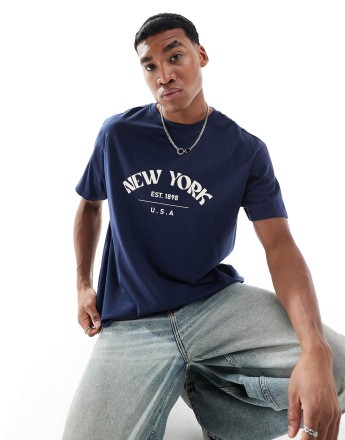 Another Influence New York slogan oversized t-shirt in navy