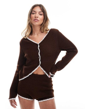 Miss Selfridge lace trim cardigan co ord in chocolate