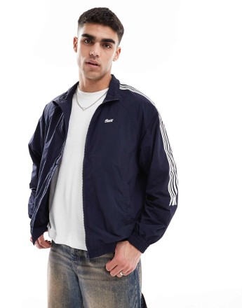Pull&Bear stripe zip through track jacket in blue