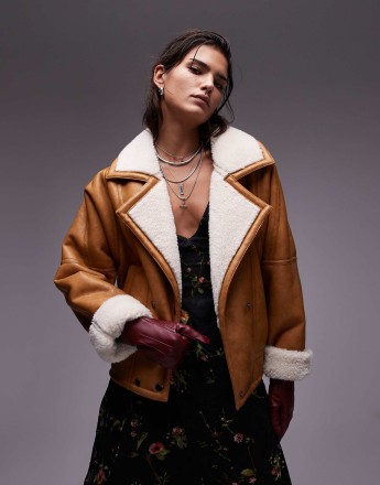 Topshop shearling jacket in tan