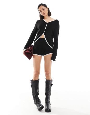 Miss Selfridge knitted lace trim booty short co ord