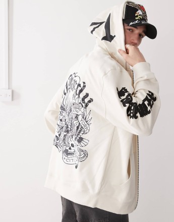 Ed Hardy mono montage zip through hoodie in beige
