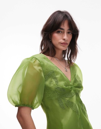 Topshop embroidered organza puff sleeve top in green