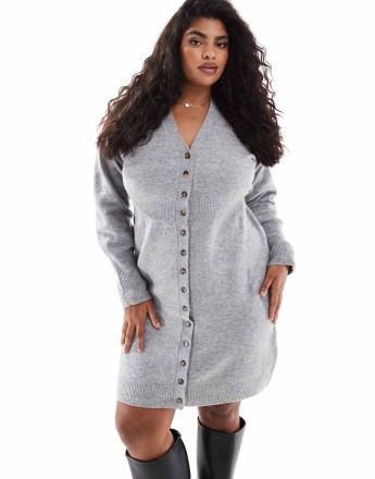 Vero Moda Curve buttondown knitted mini dress in light grey melange
