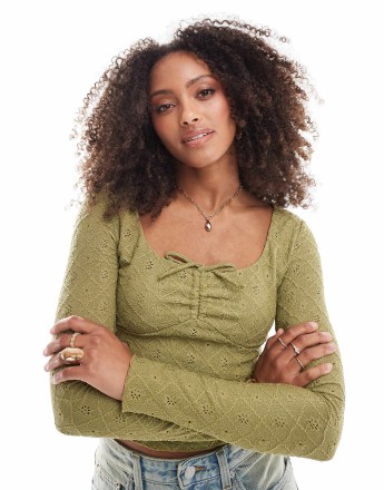 Cotton  On Briony tie front long sleeve top in khaki