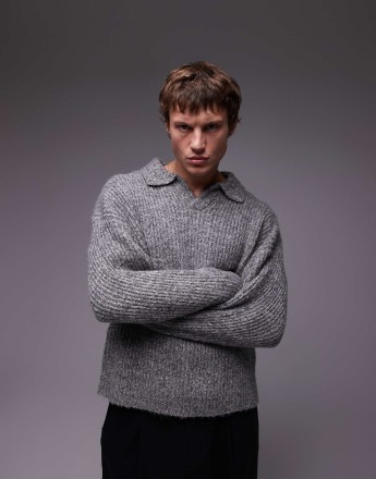 Topman relaxed open collar jumper in grey marl