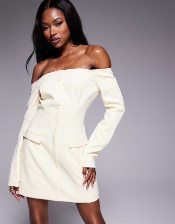 Kaiia exclusive bardot tailored button front pocket detail mini dress in lemon