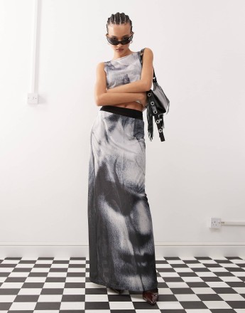 Weekday Sting co-ord maxi skirt with face graphic print in black