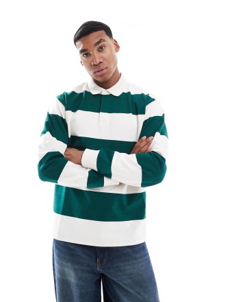 New Look oversized stripe rugby polo shirt in green pattern
