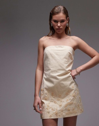 Topshop raffia embroided structured bandeau dress in buttermilk