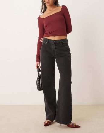 Gina Tricot low waist wide leg jeans in washed black with crystal embellishment