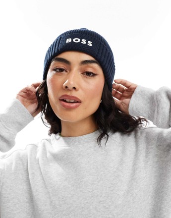 BOSS asic fisherman beanie in navy with white logo