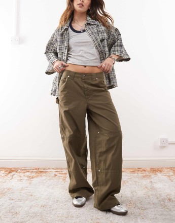 COLLUSION carpenter trouser with contrast stitch in khaki